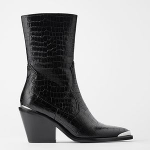 NWT Zara Leather Heeled Cowboy Boots Metal Detail